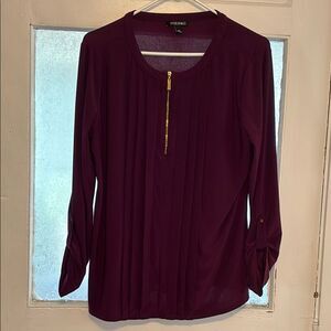 Roz & Ali Dark Purple Pleated Gold Tone Zipper Front Blouse Size Large